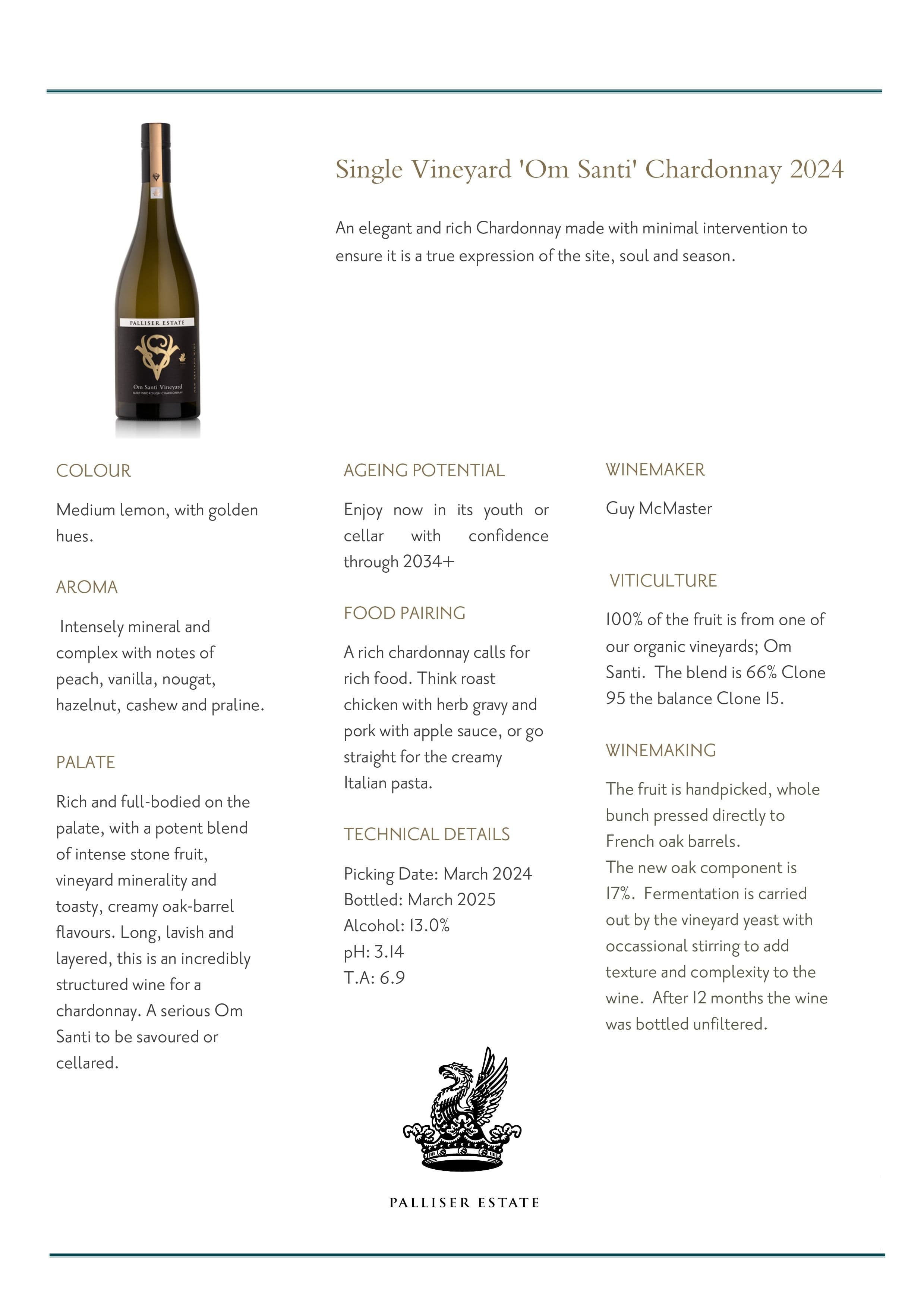 Palliser S.V. 'Om Santi' Chardonnay 2024 750ml image 1